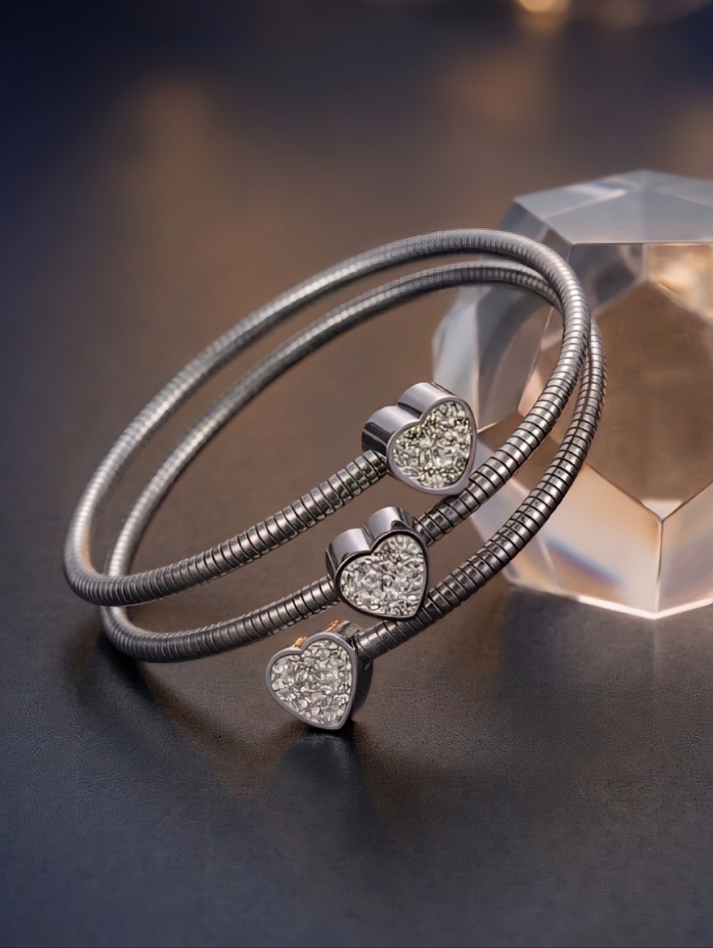 18K White Gold Plated Heart Wrap Bangle Bracelet Cubic Zirconia Silver Coquette